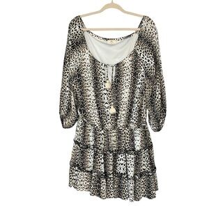 Hummingbird boho leopard ruffle tiered mini dress with tassel tie. Size L